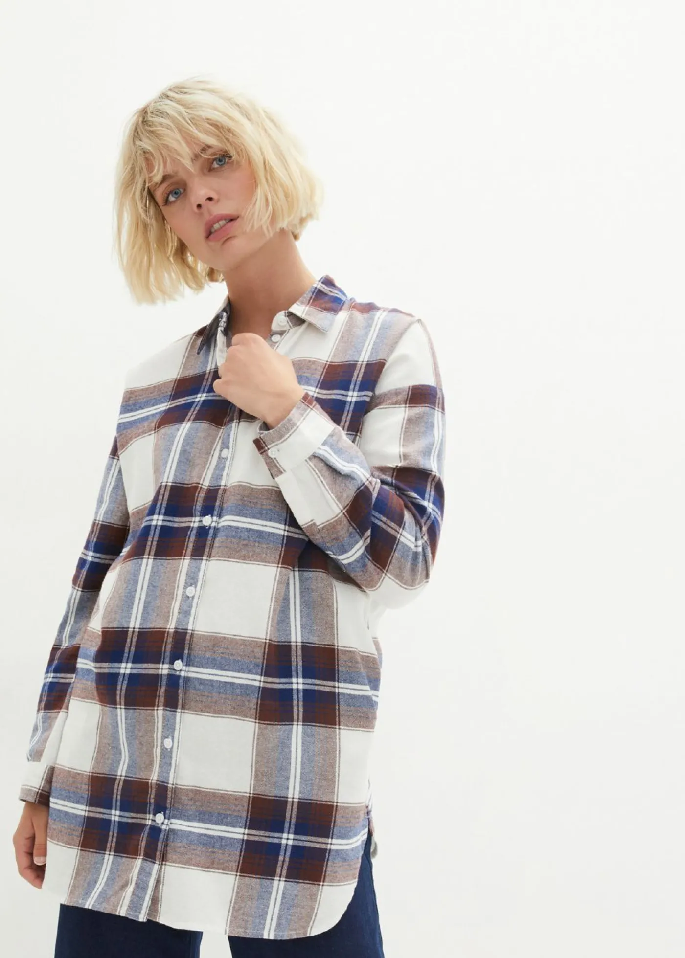 bonprix bonprix Camisa de franela de algodón puro azul marino a cuadros Sale