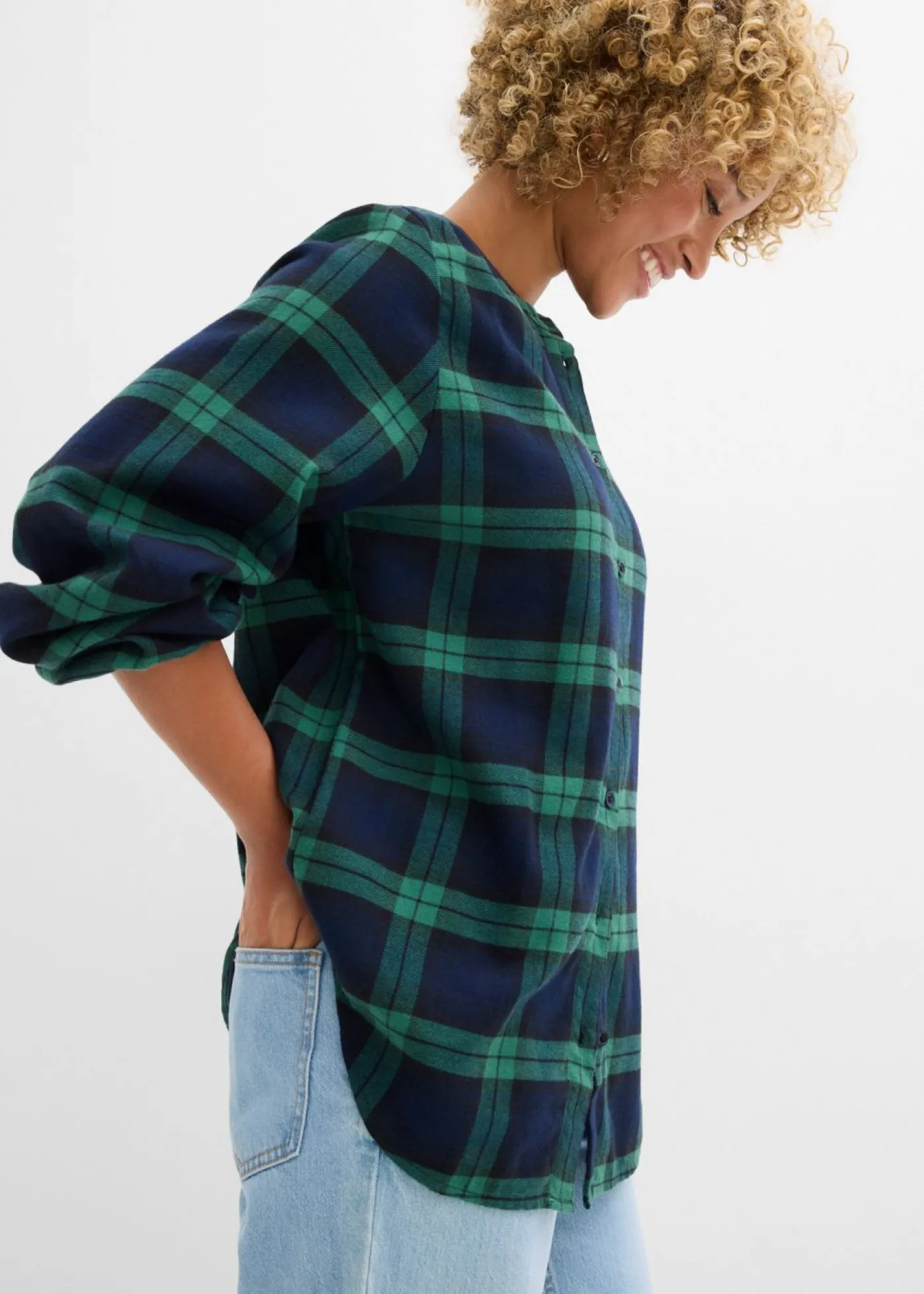 bonprix bonprix Camisa de franela de algodón puro azul marino-verde gema a cuadros Hot