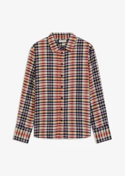 bonprix bonprix Camisa de franela de algodón puro blanco perla-azul tinta-caqui claro-rojo lava a cuadros New