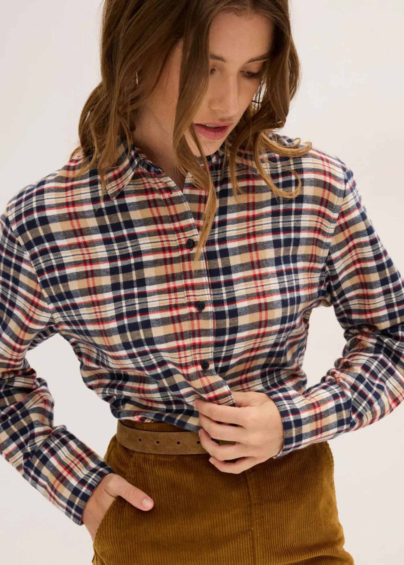 bonprix bonprix Camisa de franela de algodón puro blanco perla-azul tinta-caqui claro-rojo lava a cuadros New