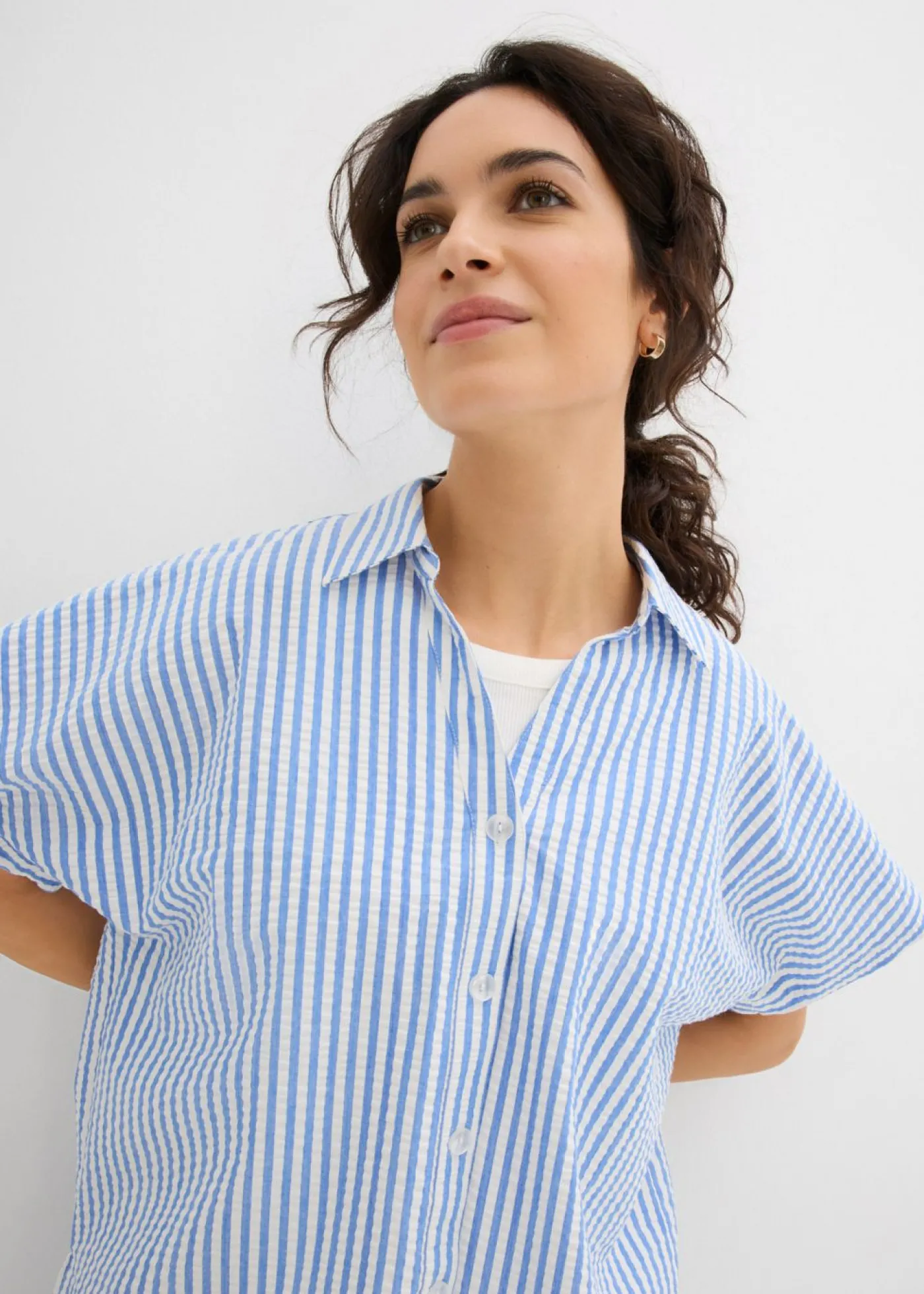 bonprix bonprix Camisa de manga corta estilo milrayas Azul glaciar/blanco lana de rayas Sale