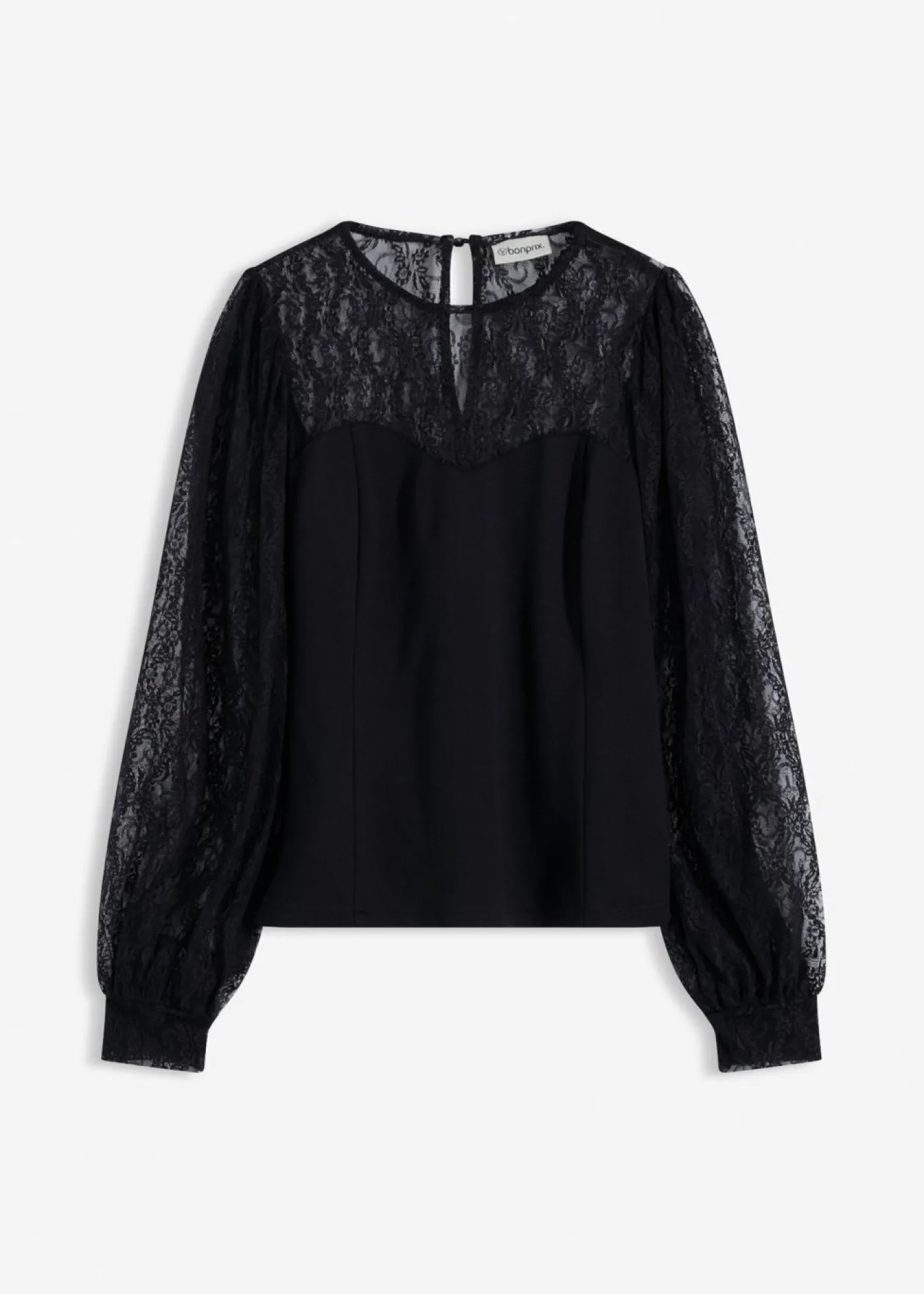 bonprix bonprix Camisa de manga larga con encaje Negro