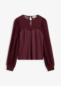 bonprix bonprix Camisa de manga larga con encaje rojo burdeos Best