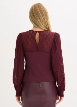 bonprix bonprix Camisa de manga larga con encaje rojo burdeos Best