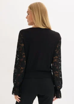 bonprix bonprix Camisa de manga larga con encaje Negro Sale