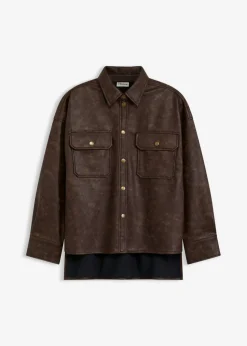 bonprix bonprix Camisa de piel sintética con efecto desgastado Marrón oscuro New