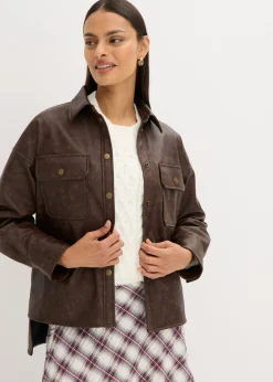 bonprix bonprix Camisa de piel sintética con efecto desgastado Marrón oscuro New