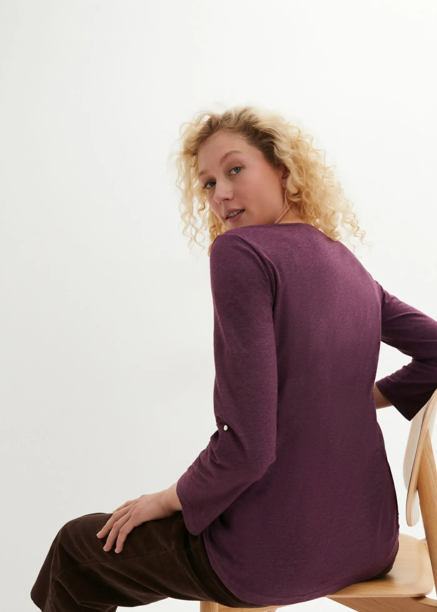 bonprix bonprix Camisa henley de algodón con botones Morado intenso jaspeado Online