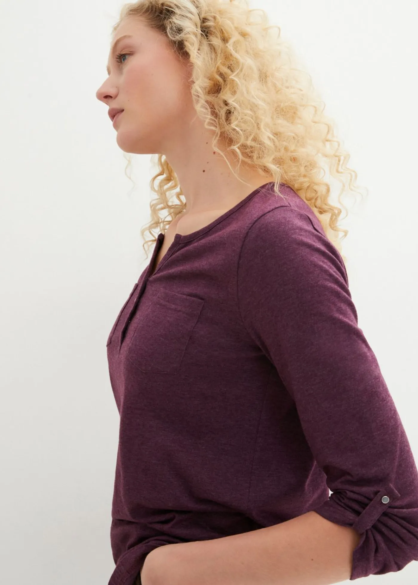 bonprix bonprix Camisa henley de algodón con botones Morado intenso jaspeado Online