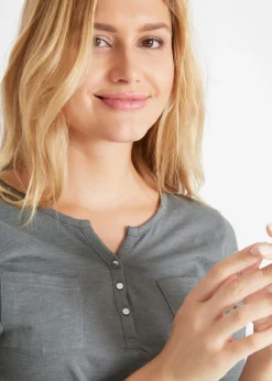 bonprix bonprix Camisa henley de algodón con botones Gris humo jaspeado Sale