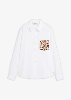 bonprix bonprix Camisa oversize con bolsillo en contraste estampado leo blanco New