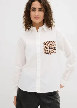 bonprix bonprix Camisa oversize con bolsillo en contraste estampado leo blanco New