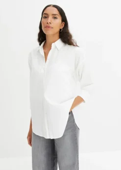bonprix bonprix Camisa oversize de algodón con mangas 3/4 Blanco Hot