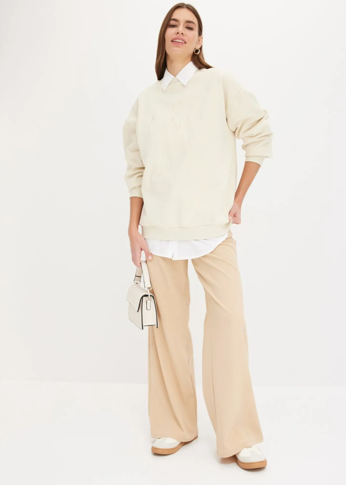bonprix bonprix Camisa oversize de algodón con mangas 3/4 Blanco Hot
