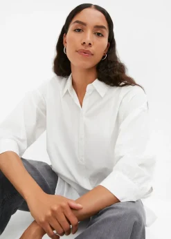 bonprix bonprix Camisa oversize de algodón con mangas 3/4 Blanco Hot