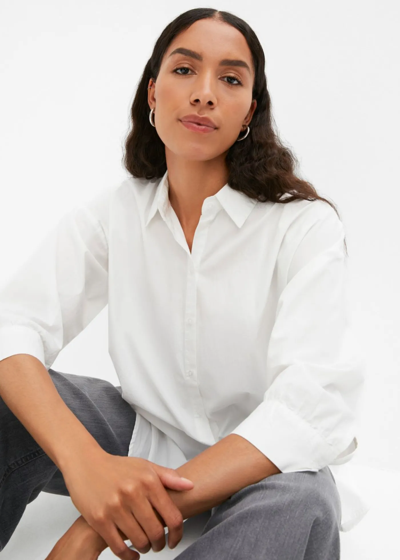 bonprix bonprix Camisa oversize de algodón con mangas 3/4 Blanco Hot