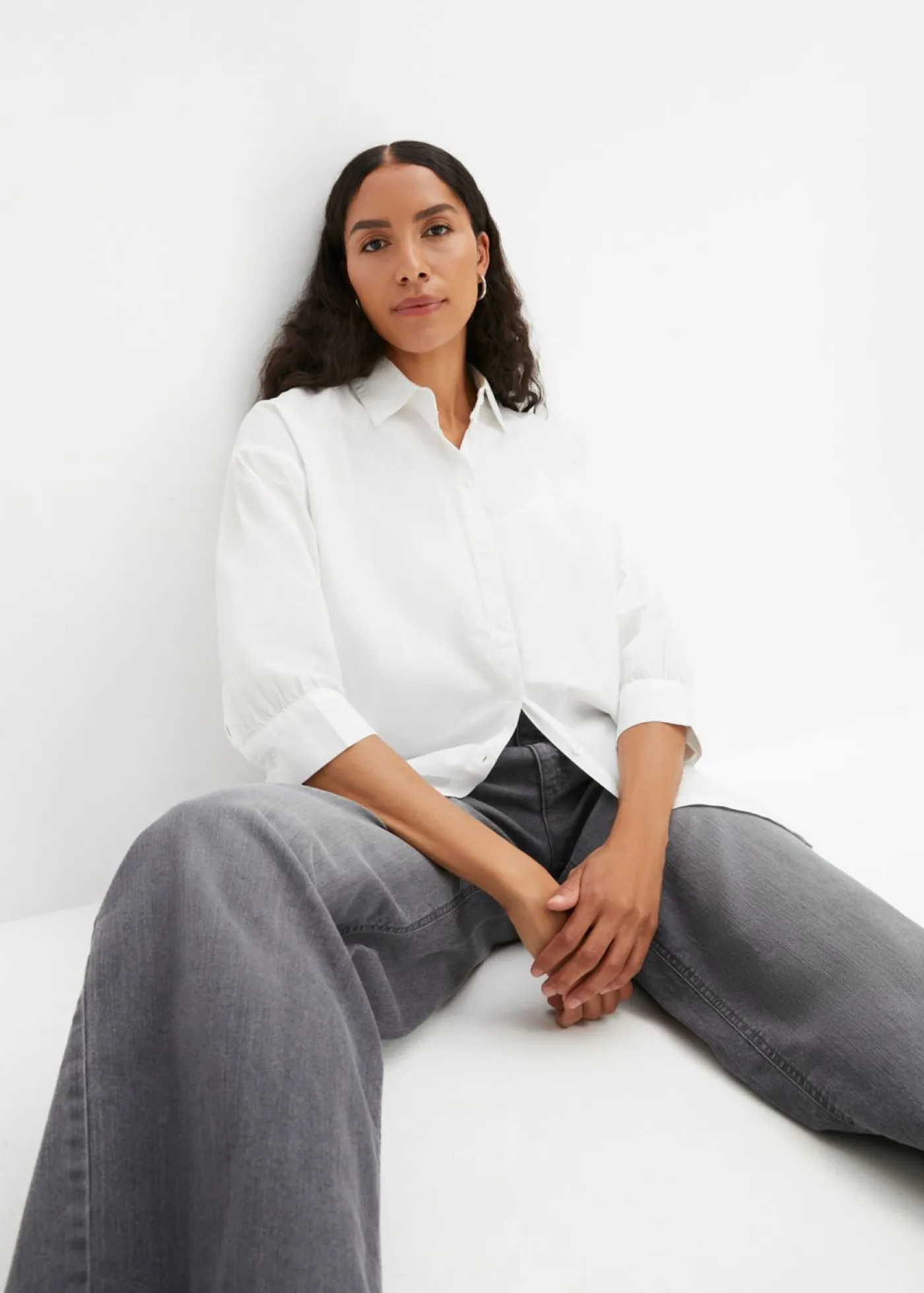 bonprix bonprix Camisa oversize de algodón con mangas 3/4 Blanco Hot