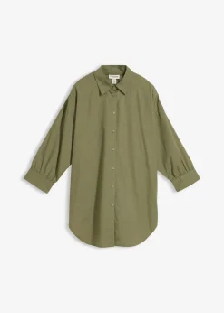 bonprix bonprix Camisa oversize de algodón con mangas 3/4 Verde oliva Clearance