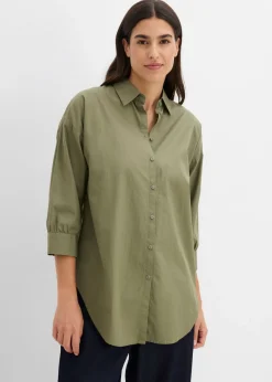 bonprix bonprix Camisa oversize de algodón con mangas 3/4 Verde oliva Clearance