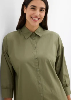 bonprix bonprix Camisa oversize de algodón con mangas 3/4 Verde oliva Clearance