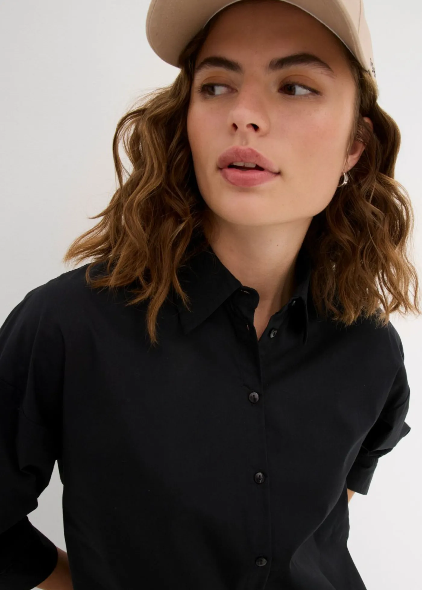bonprix bonprix Camisa oversize de algodón con mangas 3/4 Negro Online