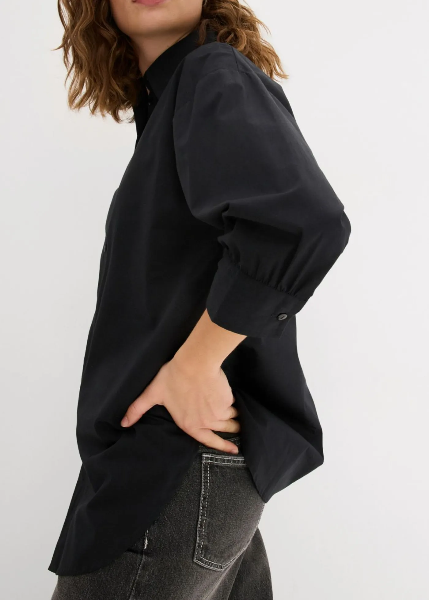 bonprix bonprix Camisa oversize de algodón con mangas 3/4 Negro Online