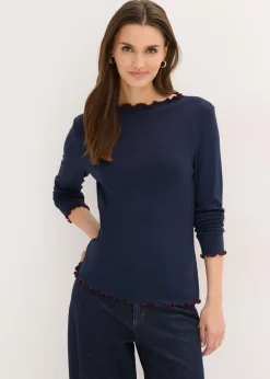 bonprix bonprix Camiseta acanalada de manga larga azul marino/rojo rubí Online