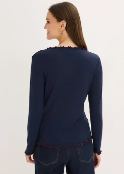 bonprix bonprix Camiseta acanalada de manga larga azul marino/rojo rubí Online