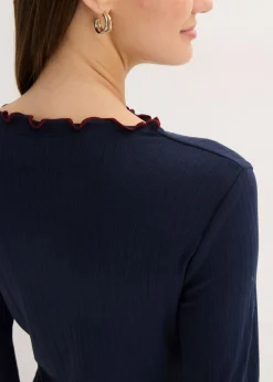 bonprix bonprix Camiseta acanalada de manga larga azul marino/rojo rubí Online