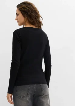 bonprix bonprix Camiseta ajustada de canalé Negro Outlet