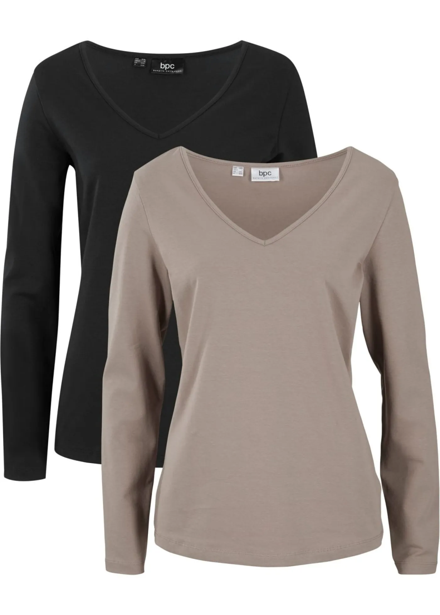 bonprix bonprix Camiseta ajustada de manga larga (2 unidades) Marrón grisáceo/negro