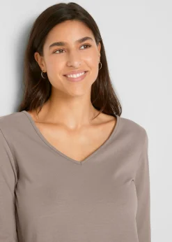 bonprix bonprix Camiseta ajustada de manga larga (2 unidades) Marrón grisáceo/negro