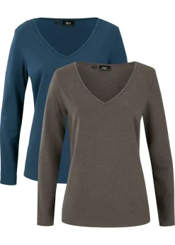 bonprix bonprix Camiseta ajustada de manga larga (2 unidades) Azul marino + antracita jaspeado Outlet