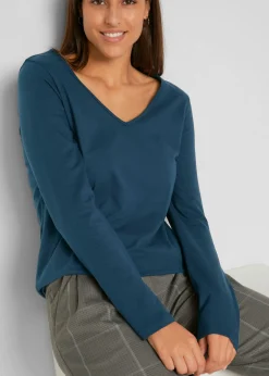 bonprix bonprix Camiseta ajustada de manga larga (2 unidades) Azul marino + antracita jaspeado Outlet