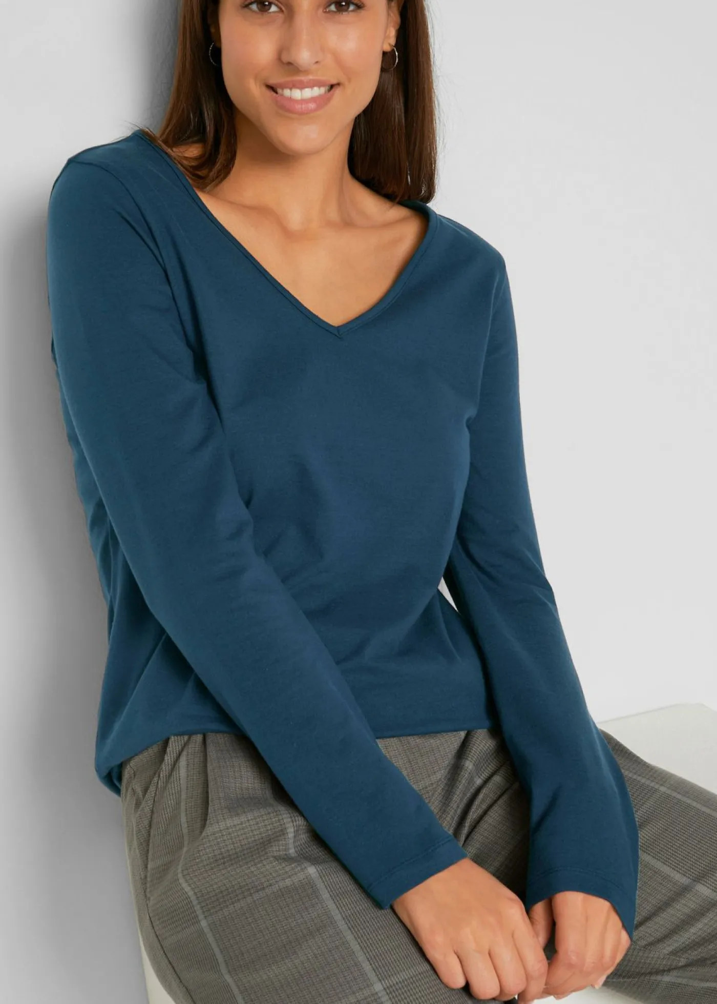 bonprix bonprix Camiseta ajustada de manga larga (2 unidades) Azul marino + antracita jaspeado Outlet