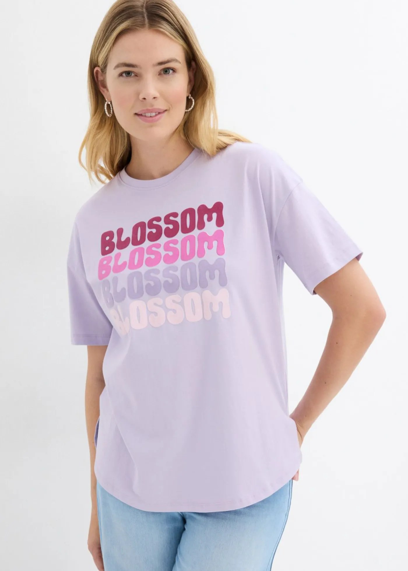 bonprix bonprix Camiseta boxy oversize de algodón orgánico Lila pastel estampado Clearance