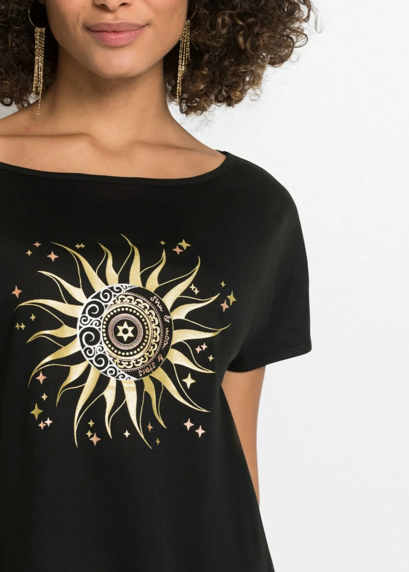 bonprix bonprix Camiseta con abertura Negro estampado