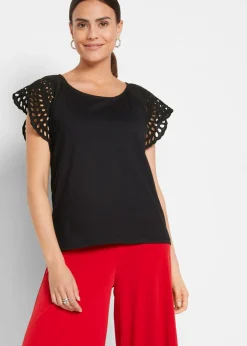 bonprix bonprix Camiseta con bordado calado Negro Outlet