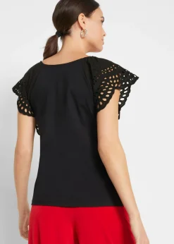 bonprix bonprix Camiseta con bordado calado Negro Outlet