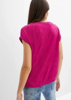 bonprix bonprix Camiseta con bordado calado Rosa fucsia Clearance
