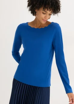 bonprix bonprix Camiseta con borde ondulado en Punto di Roma azul genciana