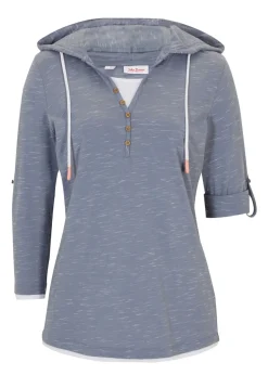 bonprix bonprix Camiseta con capucha Azul ahumado-blanco jaspeado Sale