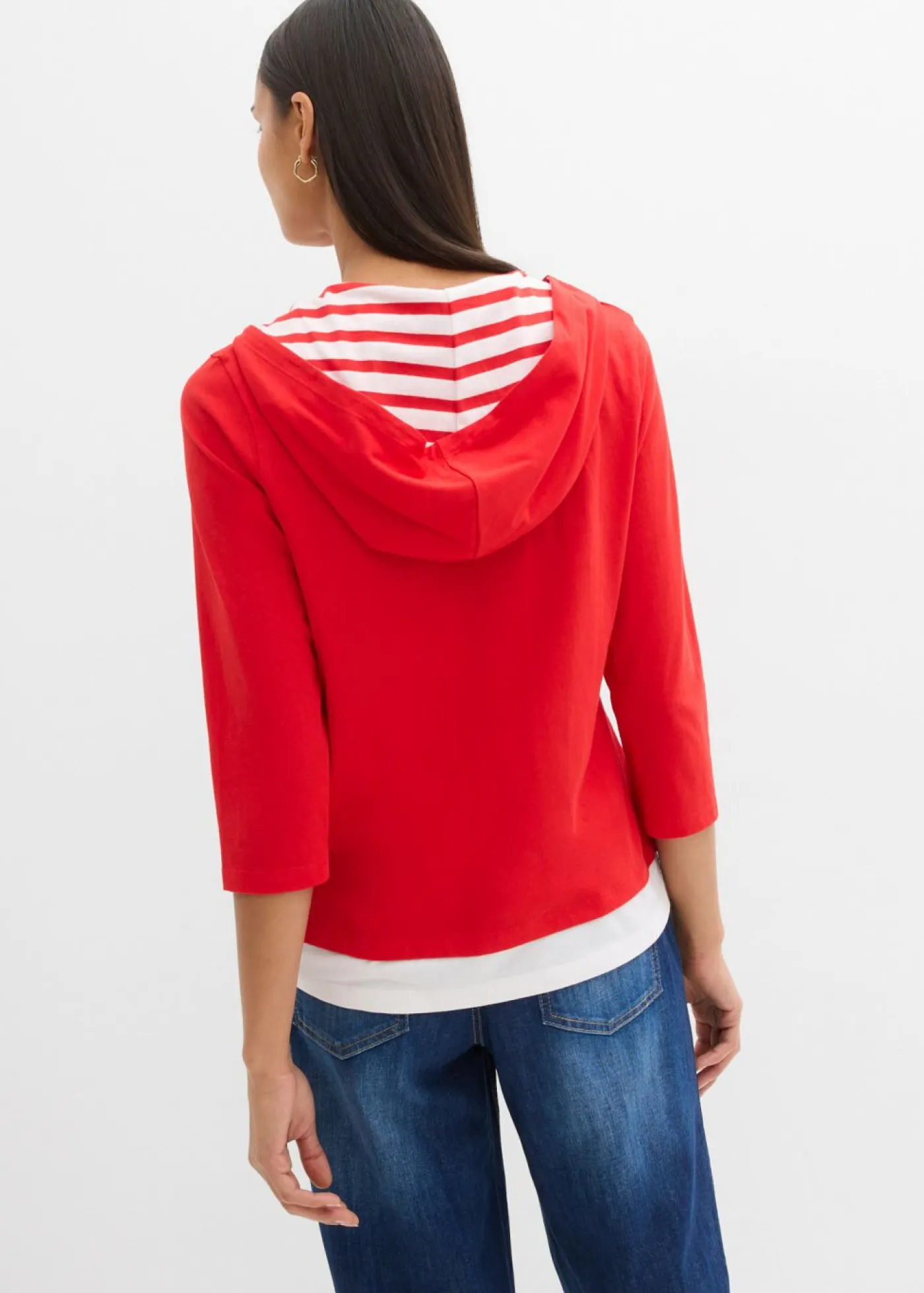 bonprix bonprix Camiseta con capucha de algodón puro con mangas 3/4 fresa Online