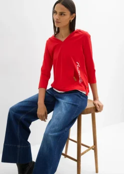 bonprix bonprix Camiseta con capucha de algodón puro con mangas 3/4 fresa Online