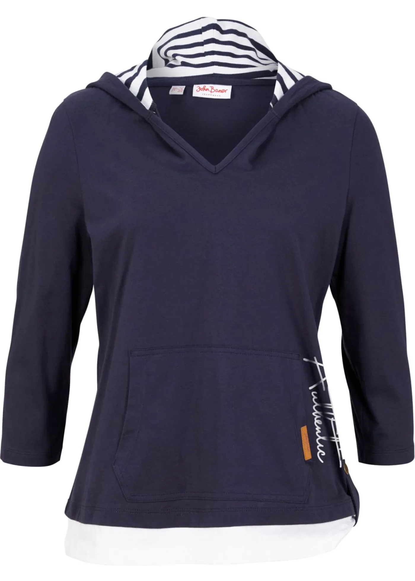 bonprix bonprix Camiseta con capucha de algodón puro con mangas 3/4 Azul marino estampado Outlet