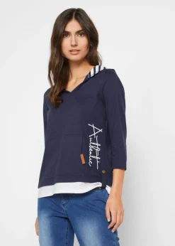 bonprix bonprix Camiseta con capucha de algodón puro con mangas 3/4 Azul marino estampado Outlet