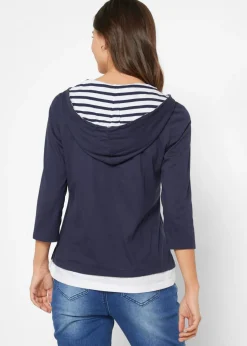 bonprix bonprix Camiseta con capucha de algodón puro con mangas 3/4 Azul marino estampado Outlet