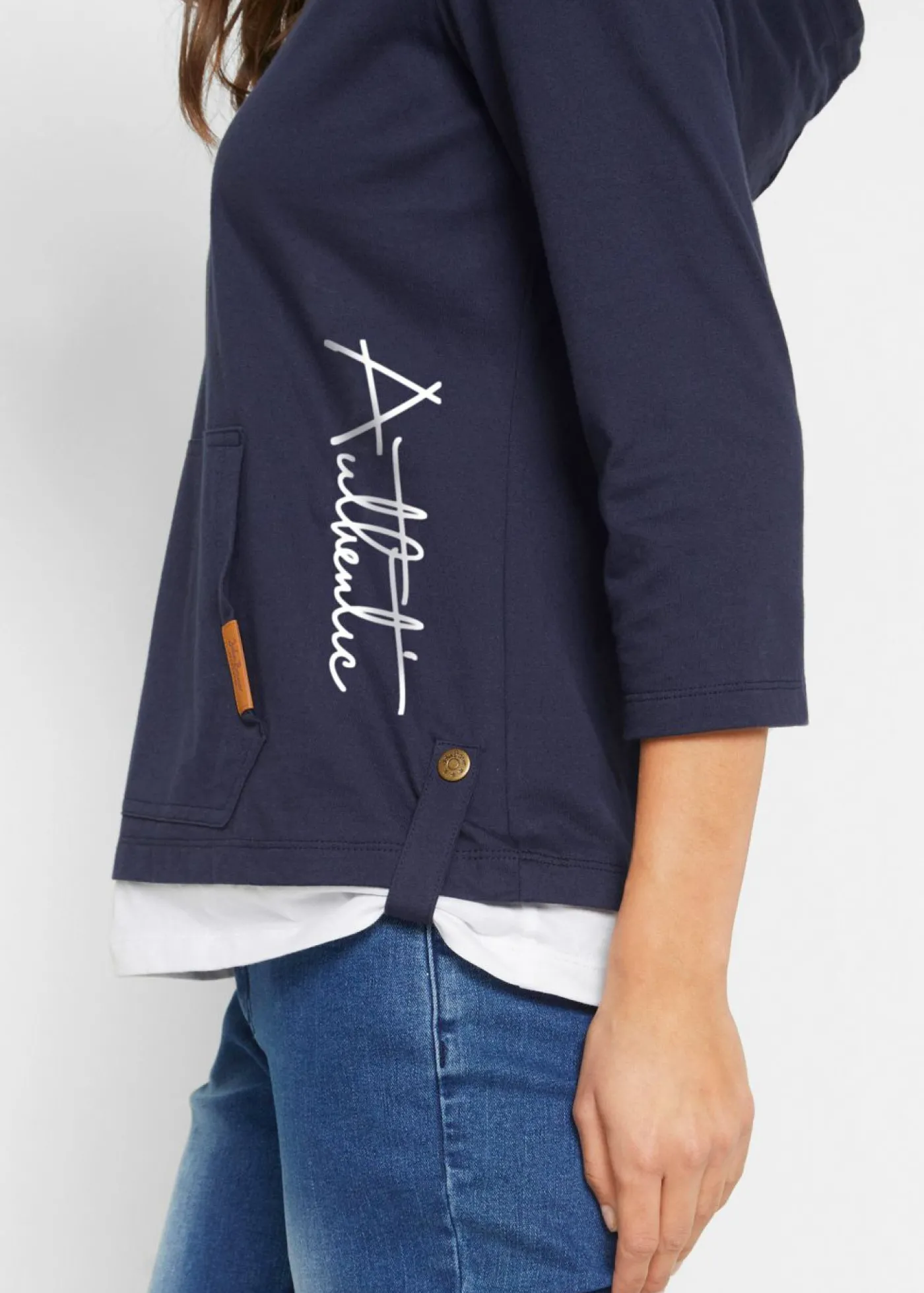 bonprix bonprix Camiseta con capucha de algodón puro con mangas 3/4 Azul marino estampado Outlet