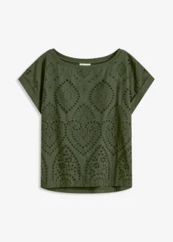 bonprix bonprix Camiseta con encaje calado caqui oscuro