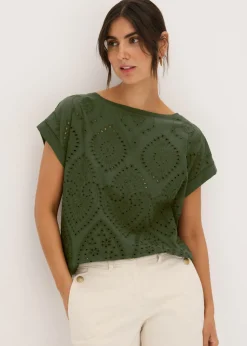 bonprix bonprix Camiseta con encaje calado caqui oscuro